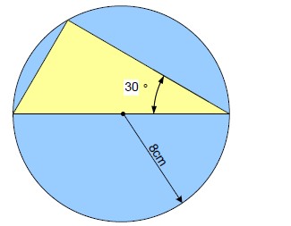 Find the area of a circle and then use trigonometry to find the area of a triangle to practice circle theorems, trigonometry and area for GCSE maths.